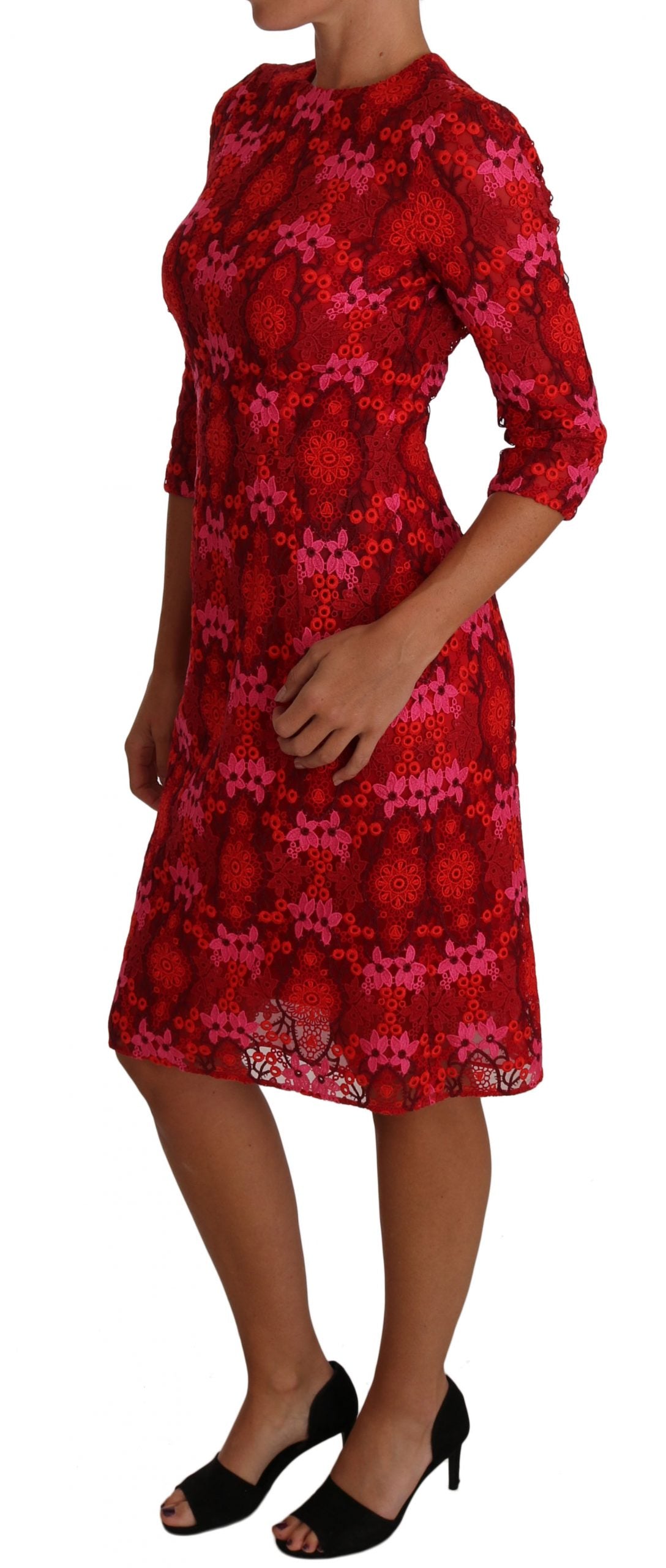 Dolce & Gabbana Red Pink Floral Crochet Lace Dress