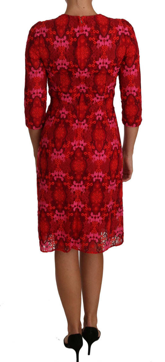 Dolce & Gabbana Red Pink Floral Crochet Lace Dress