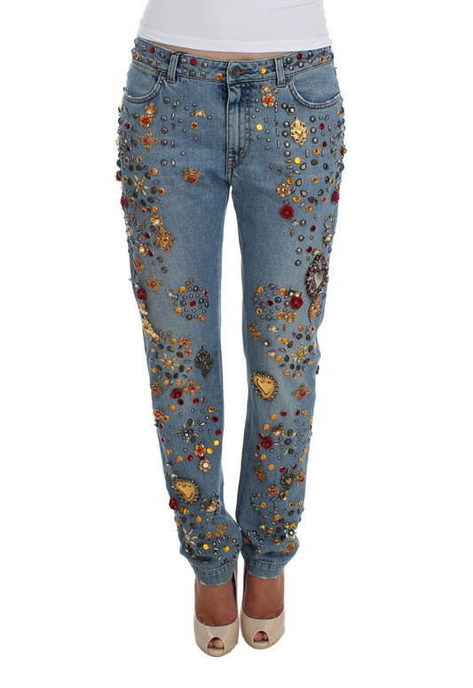 Dolce & Gabbana Light Blue Crystal Roses Heart Embellished Boyfriend Jeans