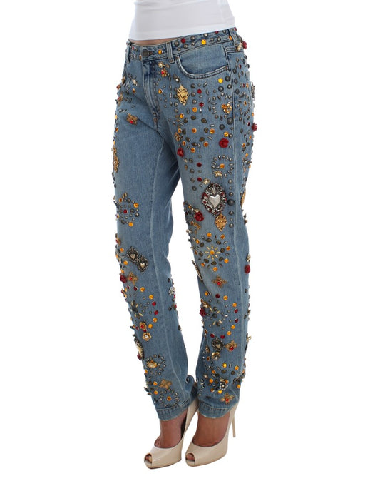 Dolce & Gabbana Light Blue Crystal Roses Heart Embellished Boyfriend Jeans