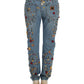 Dolce & Gabbana Light Blue Crystal Roses Heart Embellished Boyfriend Jeans