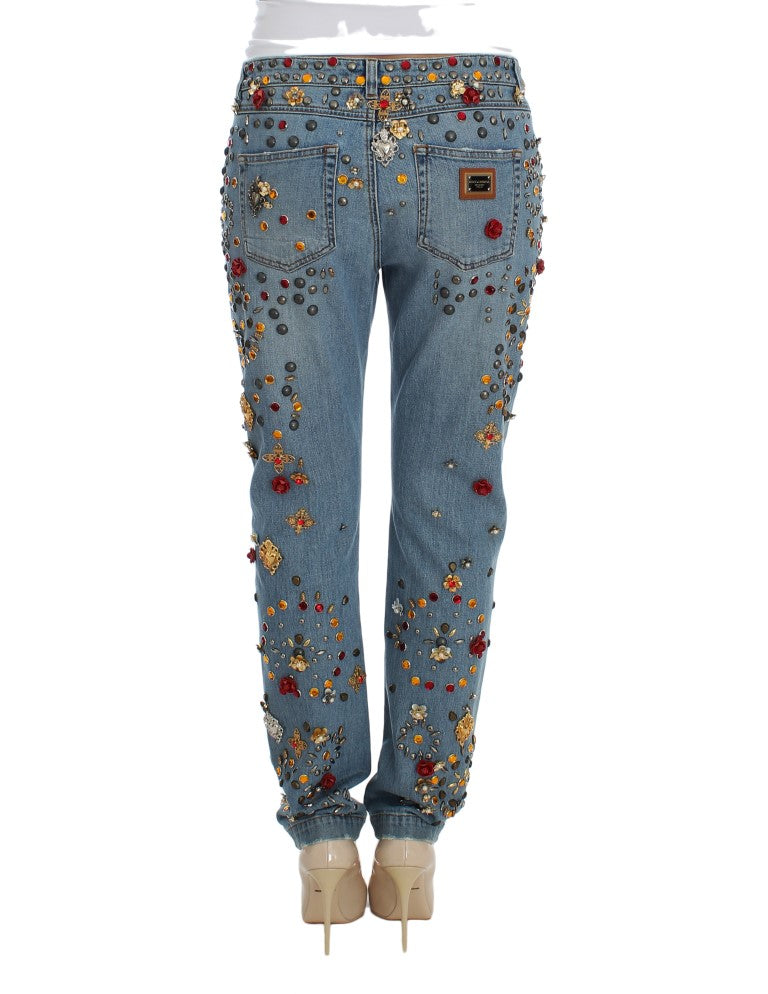 Dolce & Gabbana Light Blue Crystal Roses Heart Embellished Boyfriend Jeans