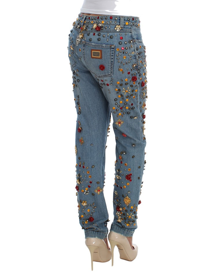 Dolce & Gabbana Light Blue Crystal Roses Heart Embellished Boyfriend Jeans