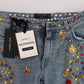 Dolce & Gabbana Light Blue Crystal Roses Heart Embellished Boyfriend Jeans