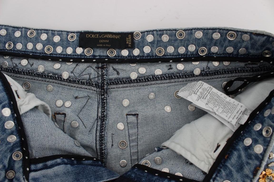 Dolce & Gabbana Light Blue Crystal Roses Heart Embellished Boyfriend Jeans