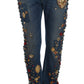 Dolce & Gabbana Sicily Blue Crystal Roses Gold Heart Embellished Boyfriend Jeans