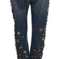 Dolce & Gabbana Sicily Blue Crystal Roses Gold Heart Embellished Boyfriend Jeans