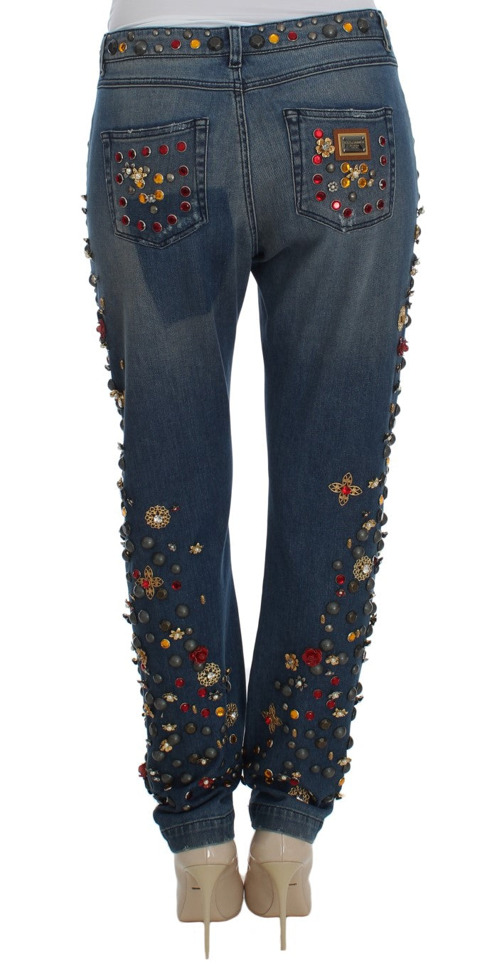 Dolce & Gabbana Sicily Blue Crystal Roses Gold Heart Embellished Boyfriend Jeans