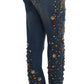 Dolce & Gabbana Sicily Blue Crystal Roses Gold Heart Embellished Boyfriend Jeans