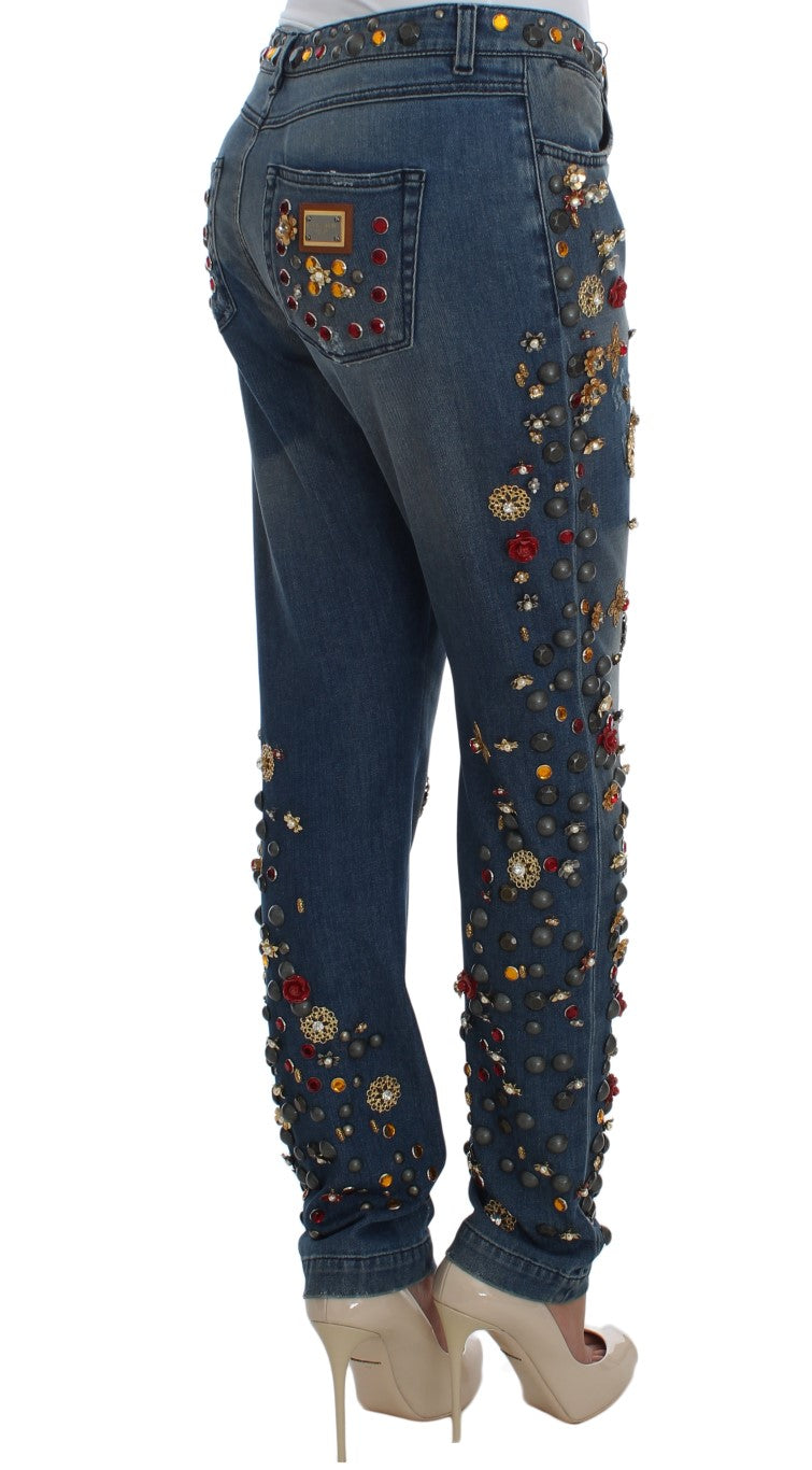 Dolce & Gabbana Sicily Blue Crystal Roses Gold Heart Embellished Boyfriend Jeans