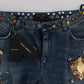 Dolce & Gabbana Sicily Blue Crystal Roses Gold Heart Embellished Boyfriend Jeans