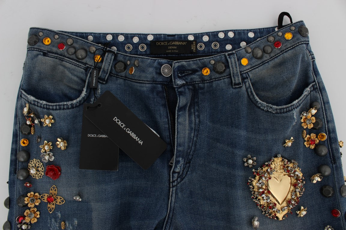 Dolce & Gabbana Sicily Blue Crystal Roses Gold Heart Embellished Boyfriend Jeans