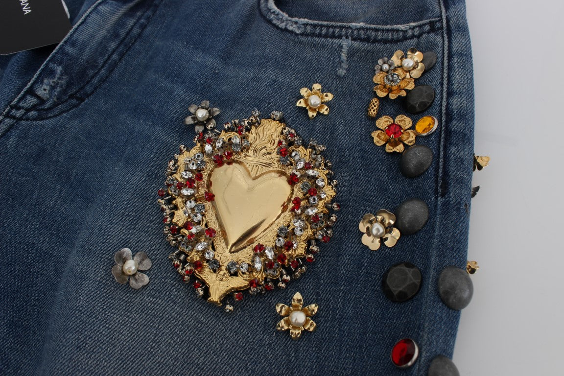 Dolce & Gabbana Sicily Blue Crystal Roses Gold Heart Embellished Boyfriend Jeans