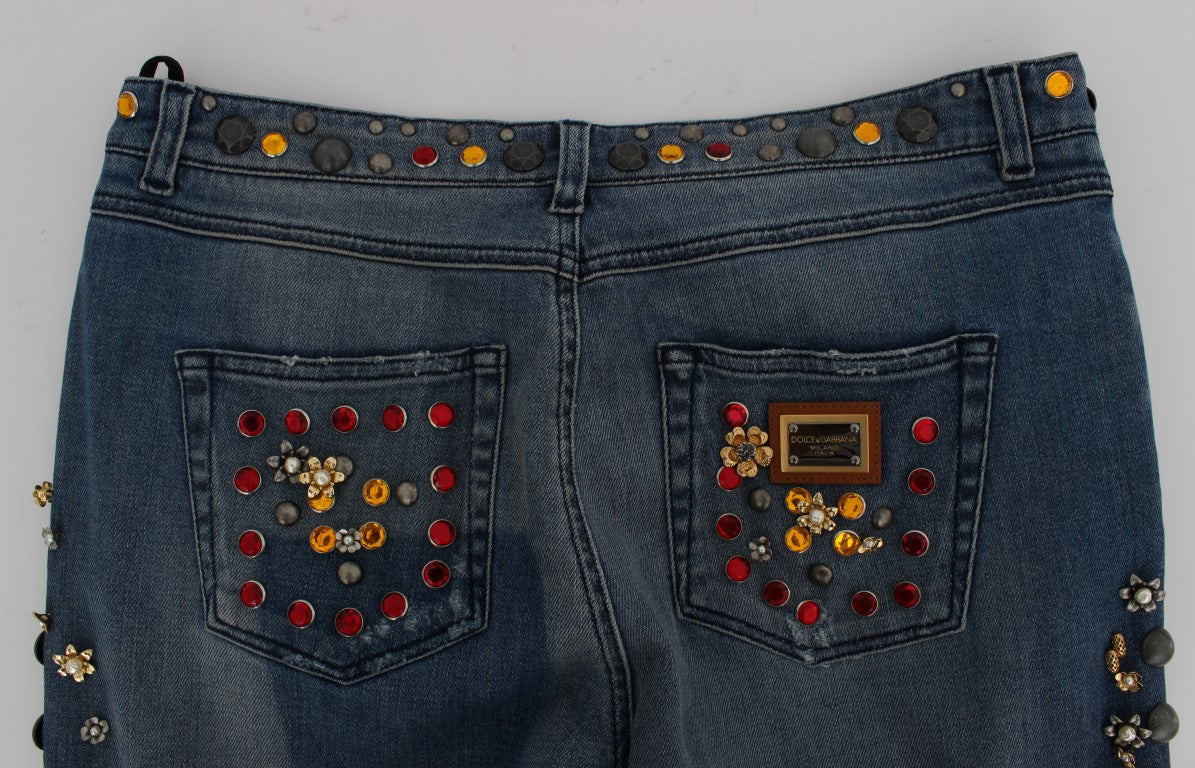 Dolce & Gabbana Sicily Blue Crystal Roses Gold Heart Embellished Boyfriend Jeans