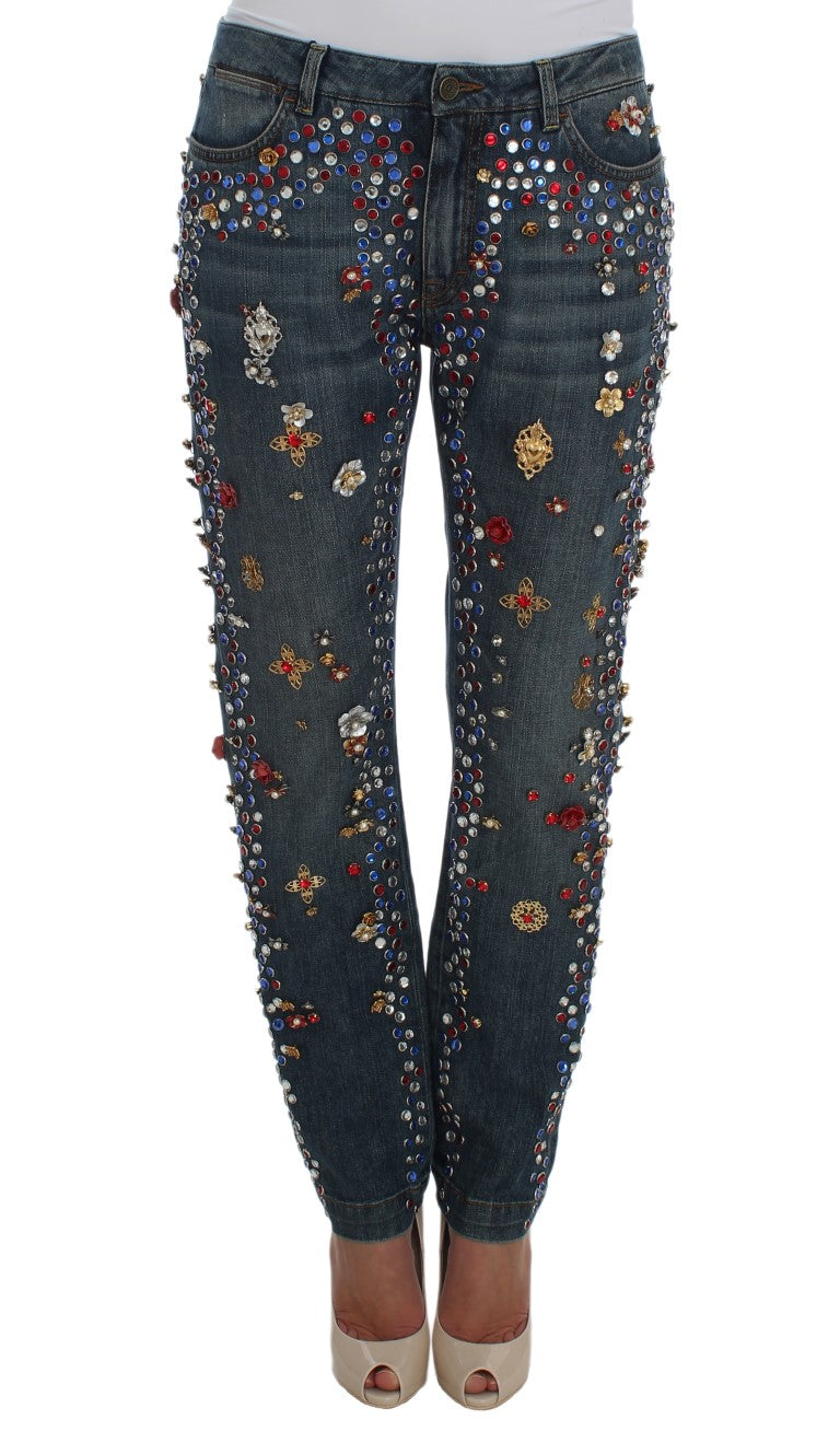 Dolce & Gabbana Blue Crystal Roses Heart Embellished Boyfriend Jeans