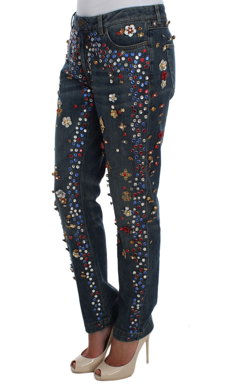 Dolce & Gabbana Blue Crystal Roses Heart Embellished Boyfriend Jeans