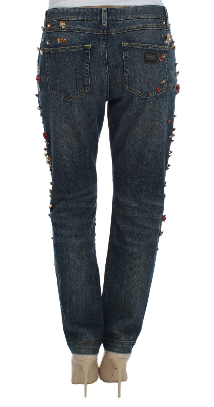 Dolce & Gabbana Blue Crystal Roses Heart Embellished Boyfriend Jeans