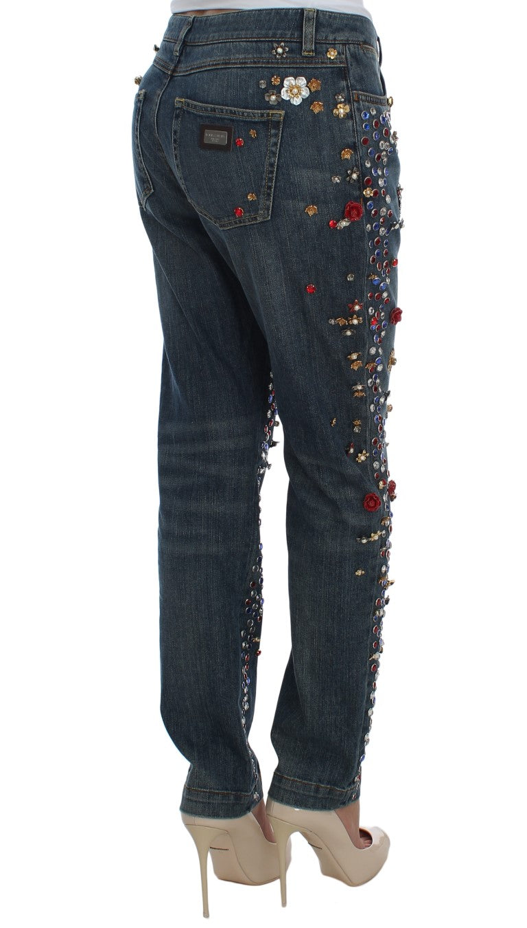 Dolce & Gabbana Blue Crystal Roses Heart Embellished Boyfriend Jeans