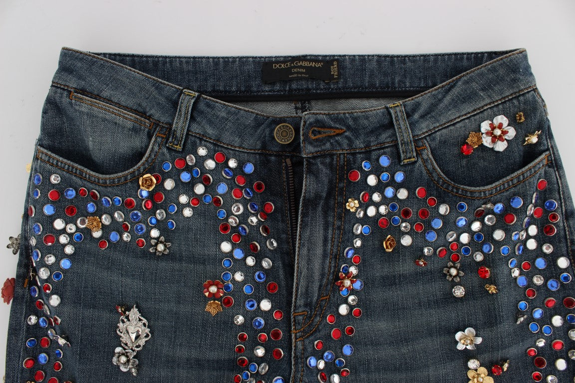 Dolce & Gabbana Blue Crystal Roses Heart Embellished Boyfriend Jeans