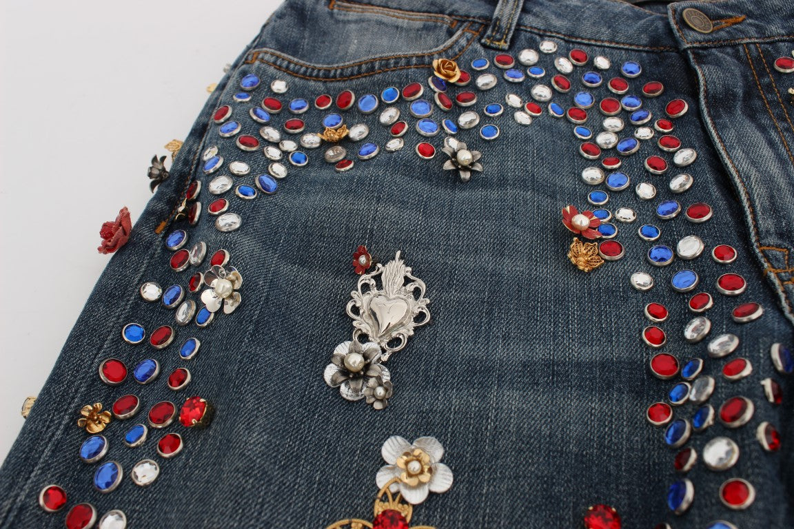 Dolce & Gabbana Blue Crystal Roses Heart Embellished Boyfriend Jeans