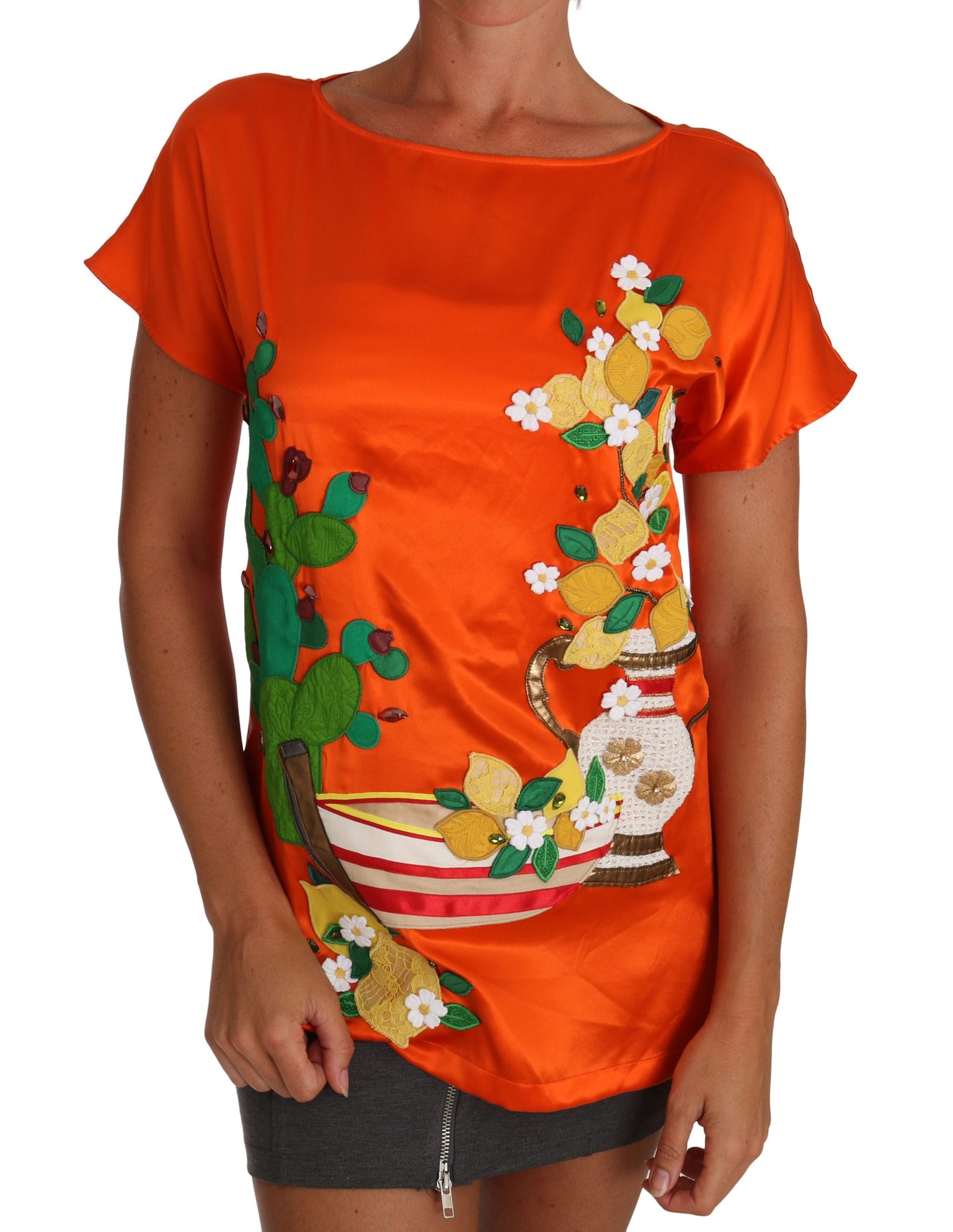 Dolce & Gabbana Silk Orange Lemon Crystal T-shirt Top