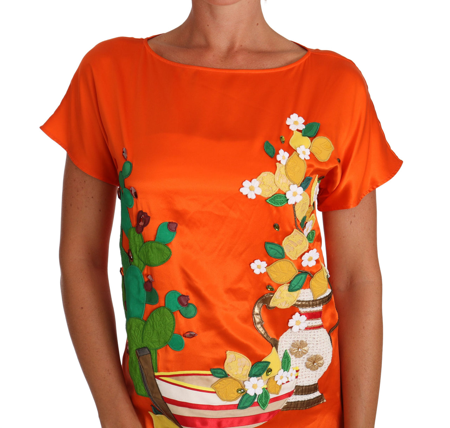 Dolce & Gabbana Silk Orange Lemon Crystal T-shirt Top