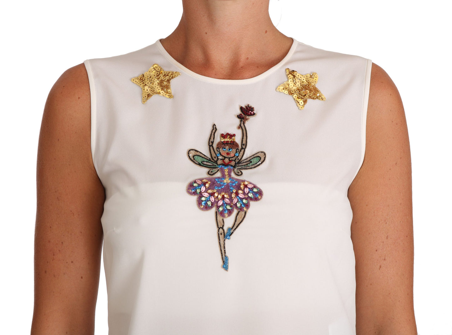 Dolce & Gabbana White Silk Embellished Crystal Sequin Fairy Top