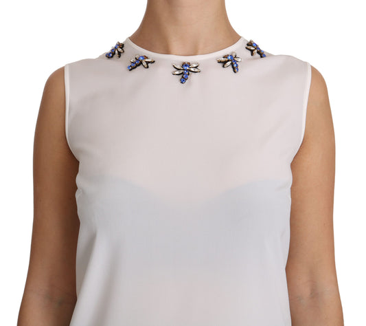 Dolce & Gabbana White Silk Embellished Crystal Dragonfly Top