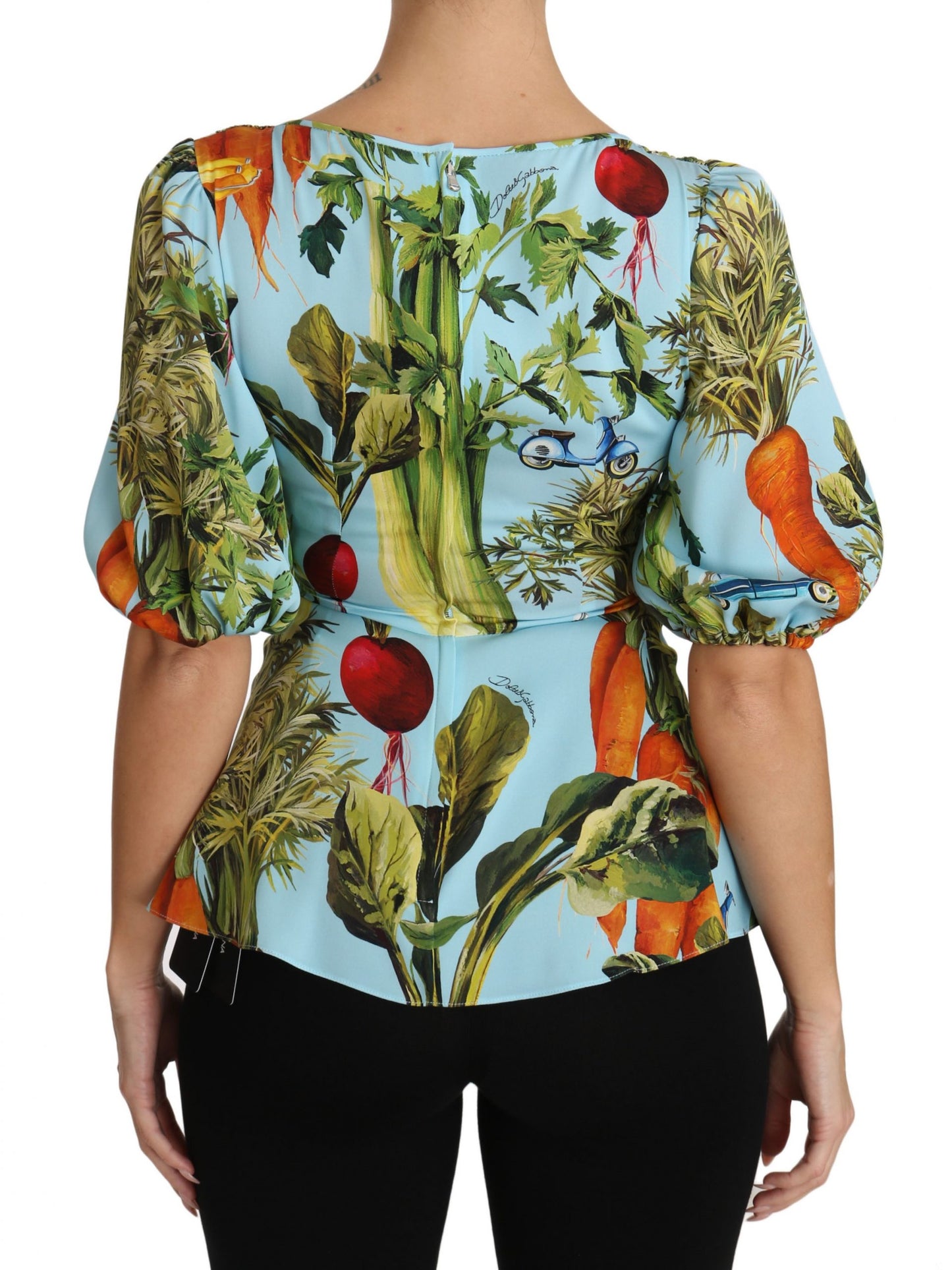 Dolce & Gabbana Blue Vegetable Print Silk Blouse Top