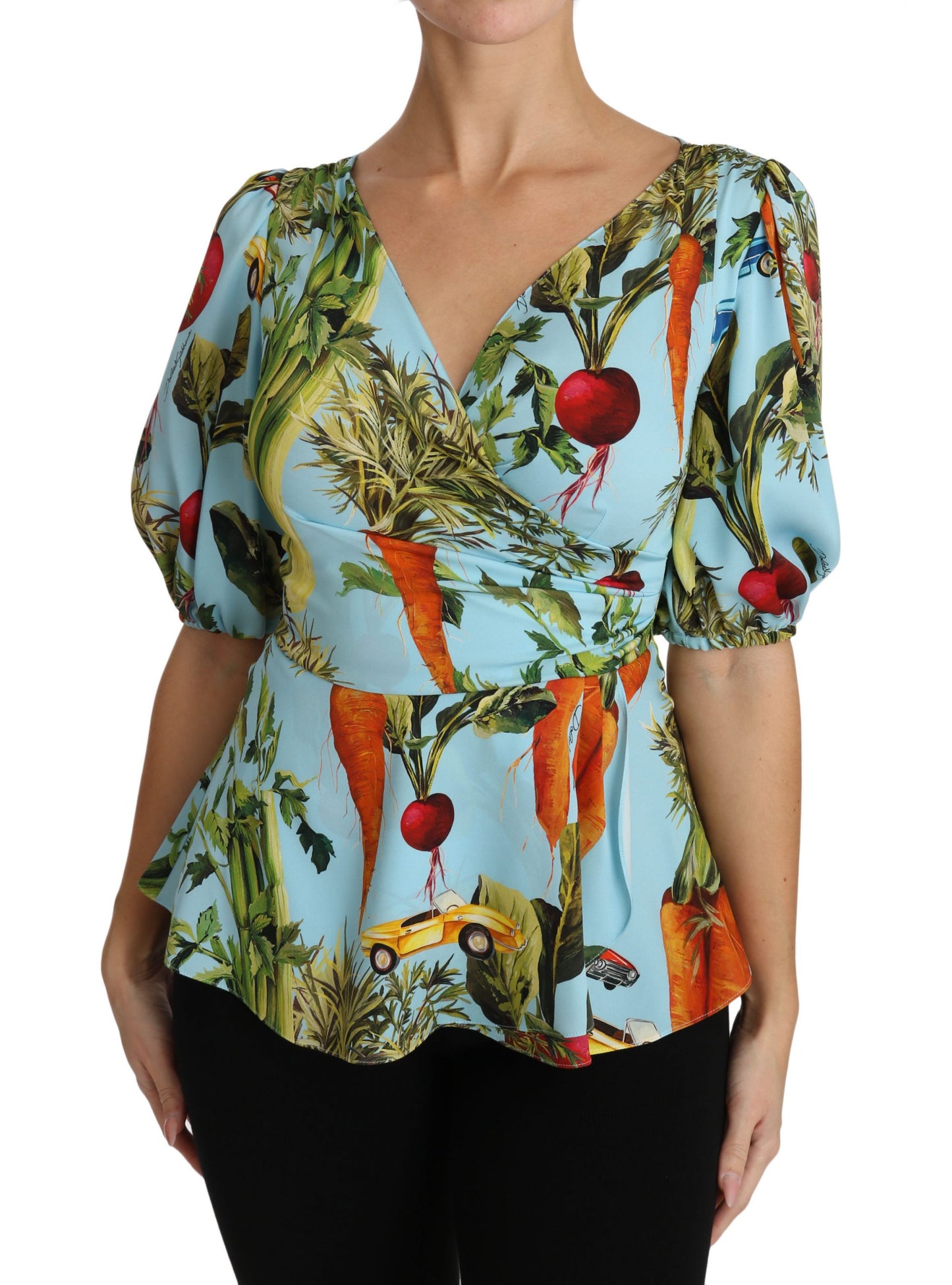 Dolce & Gabbana Blue Vegetable Print Silk Blouse Top