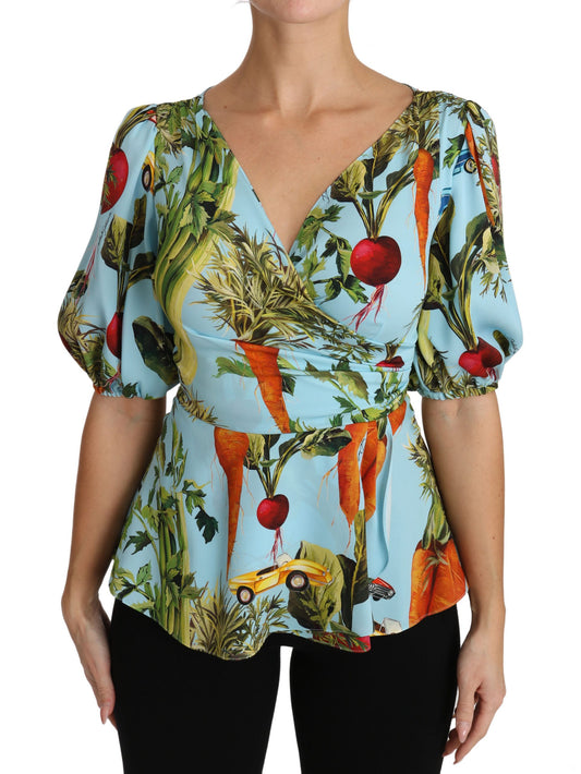 Dolce & Gabbana Blue Vegetable Print Silk Blouse Top