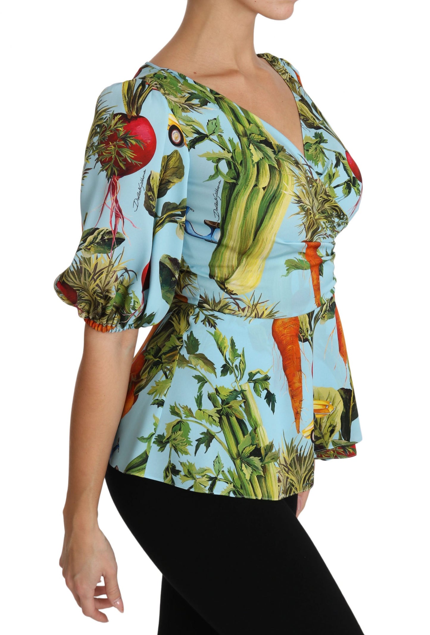 Dolce & Gabbana Blue Vegetable Print Silk Blouse Top