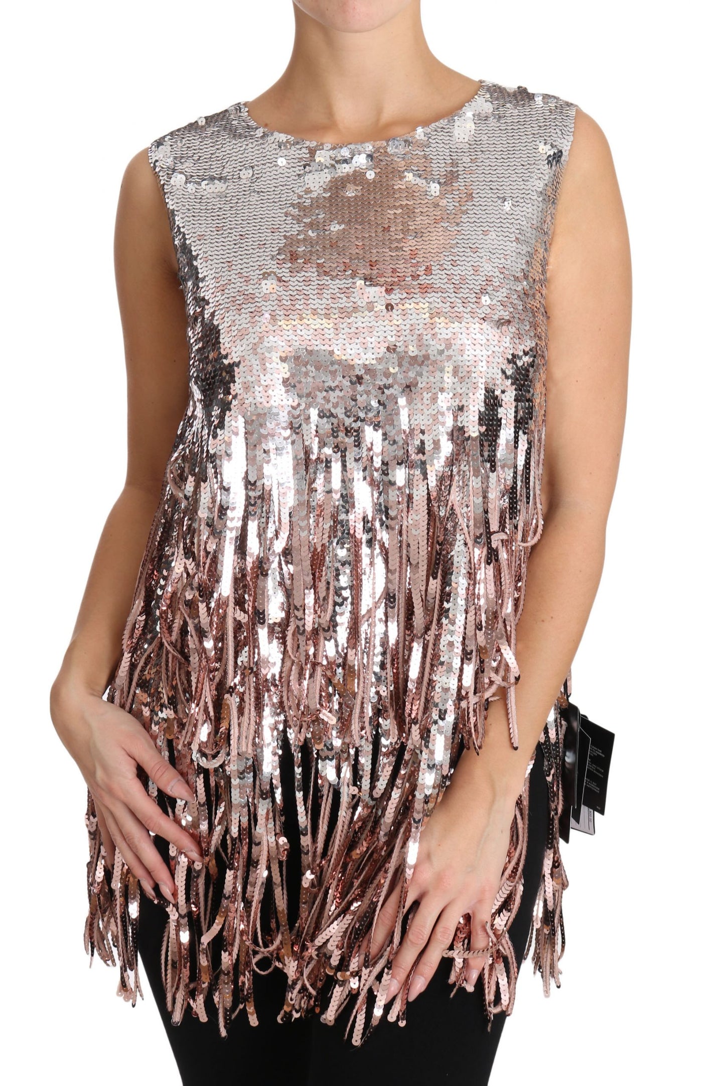 Dolce & Gabbana Golden Pink Sequined Fringe Tank Top