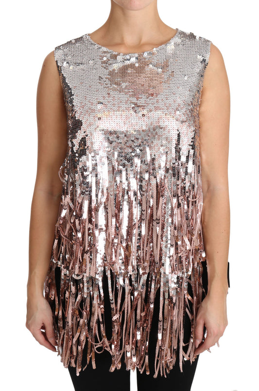 Dolce & Gabbana Golden Pink Sequined Fringe Tank Top