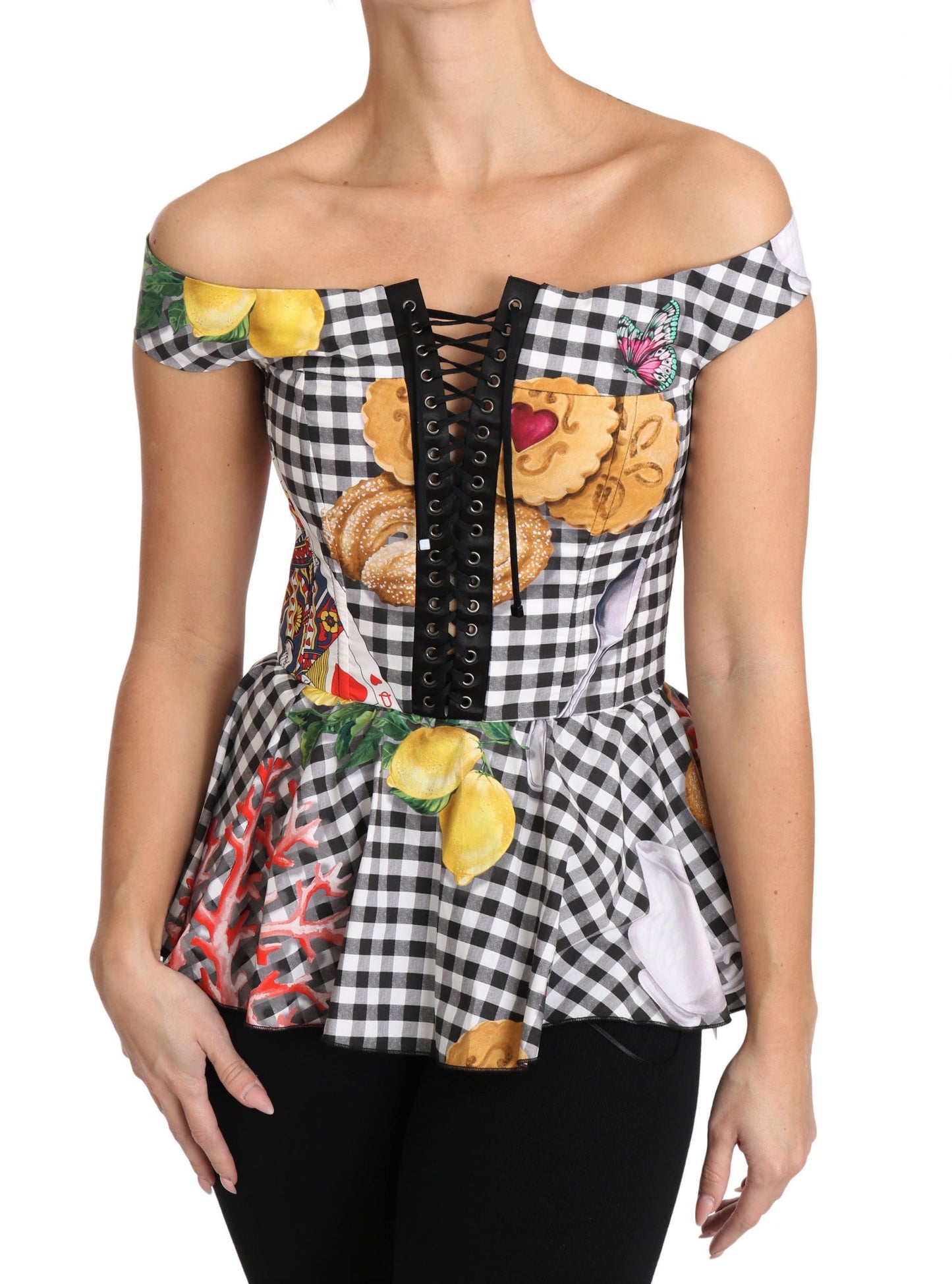 Dolce & Gabbana Black and White Corset Blouse Sicily Lemon Check Top