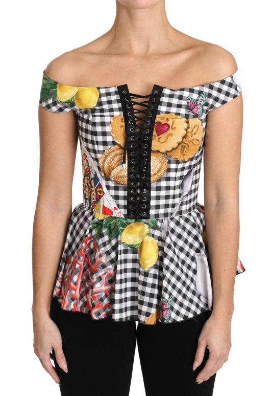 Dolce & Gabbana Black and White Corset Blouse Sicily Lemon Check Top