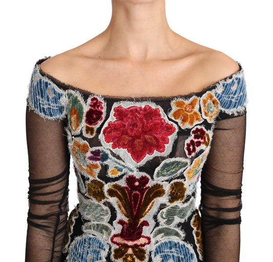 Dolce & Gabbana Elegant Multicolor Floral Applique Sheer Sleeves Top