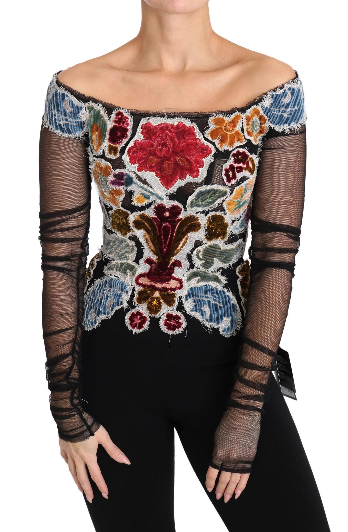 Dolce & Gabbana Elegant Multicolor Floral Applique Sheer Sleeves Top