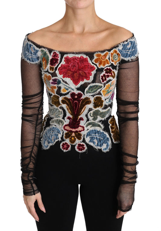 Dolce & Gabbana Elegant Multicolor Floral Applique Sheer Sleeves Top