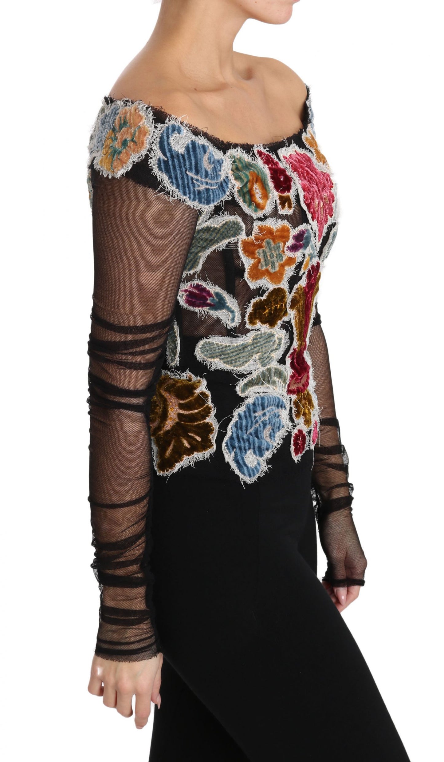 Dolce & Gabbana Elegant Multicolor Floral Applique Sheer Sleeves Top