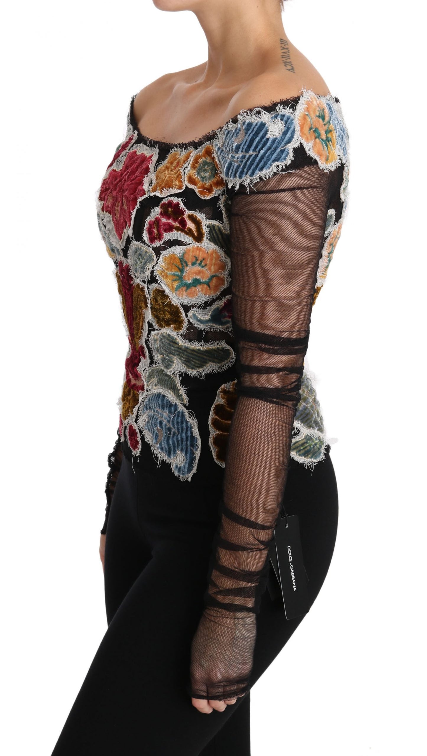 Dolce & Gabbana Elegant Multicolor Floral Applique Sheer Sleeves Top