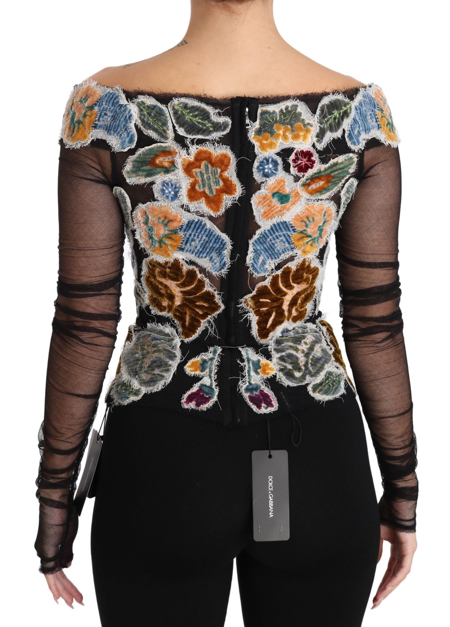 Dolce & Gabbana Elegant Multicolor Floral Applique Sheer Sleeves Top