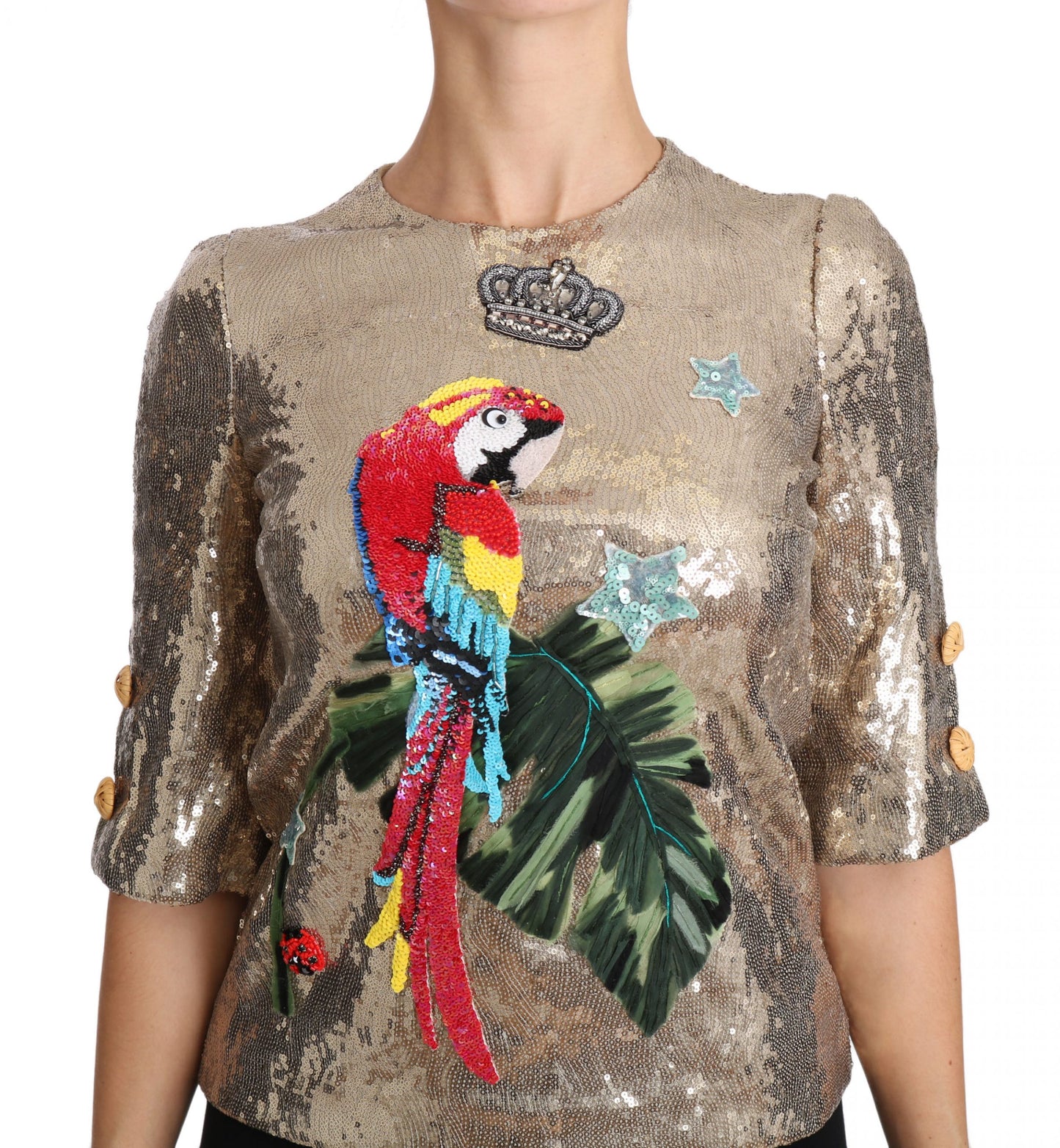 Dolce & Gabbana Gold Sequined Parrot Crystal Blouse