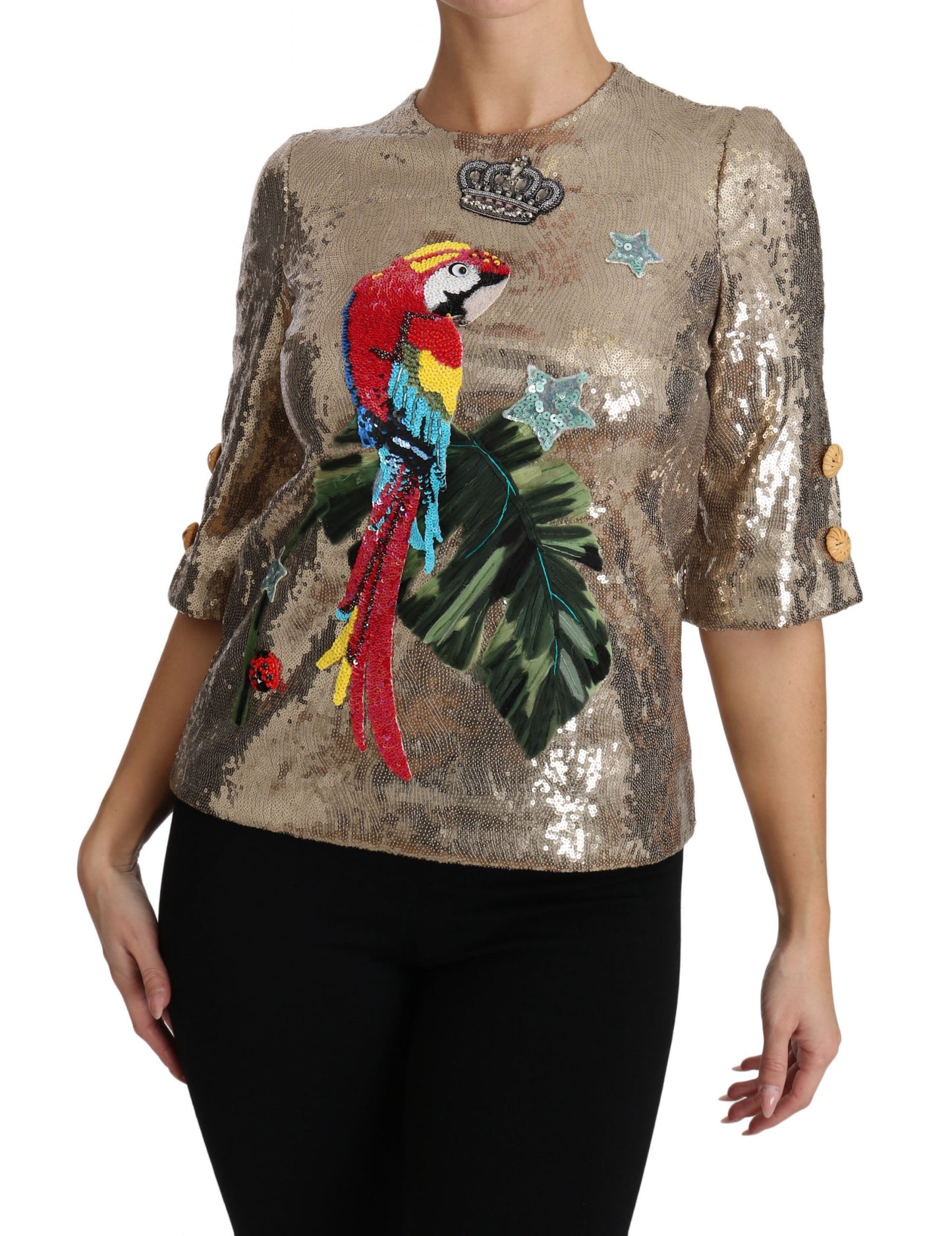 Dolce & Gabbana Gold Sequined Parrot Crystal Blouse