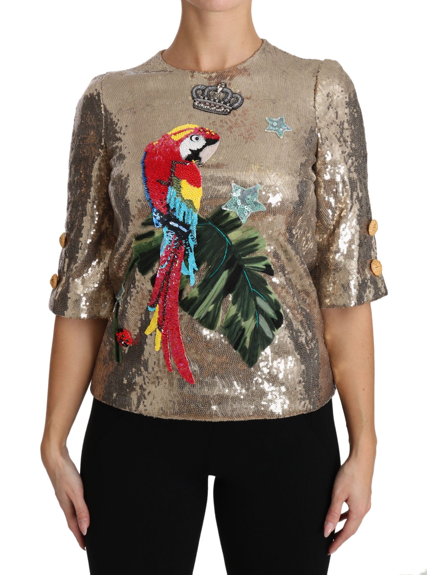 Dolce & Gabbana Gold Sequined Parrot Crystal Blouse