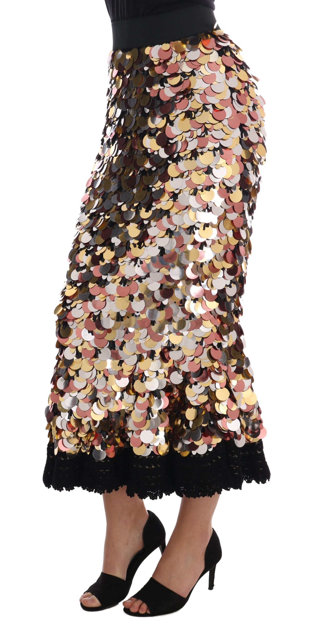 Dolce & Gabbana Gold Sequined Peplum High Waist Pencil Skirt