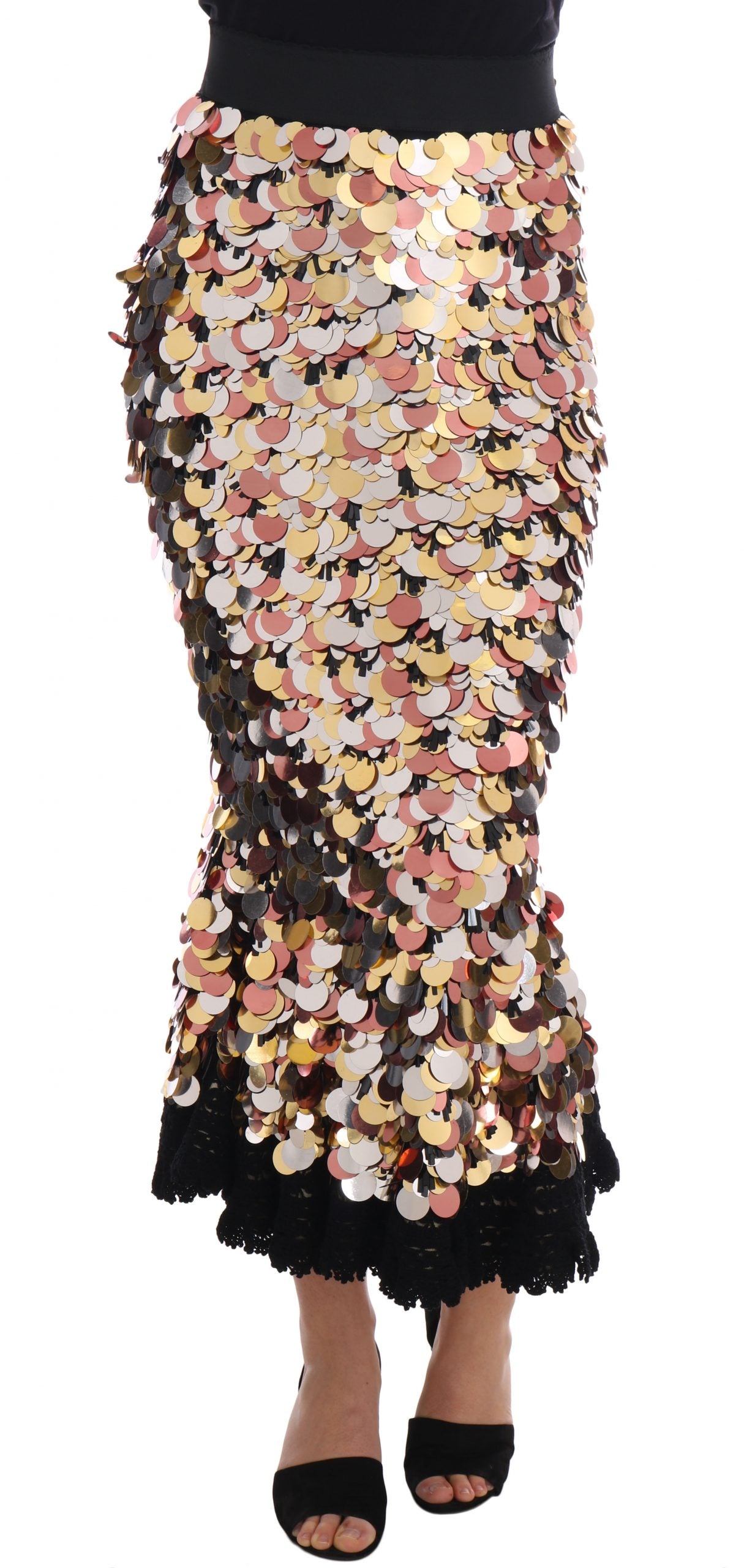 Dolce & Gabbana Gold Sequined Peplum High Waist Pencil Skirt