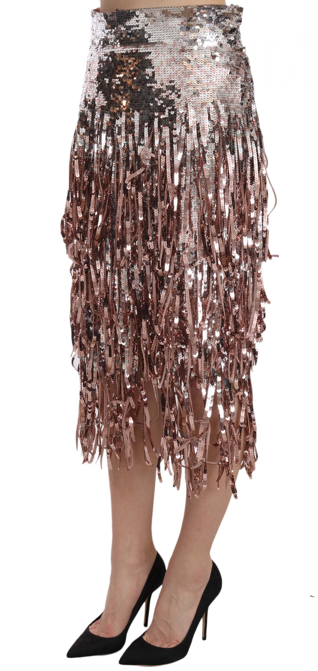 Dolce & Gabbana Silver Pink Sequin Embellished Fringe Pencil Skirt