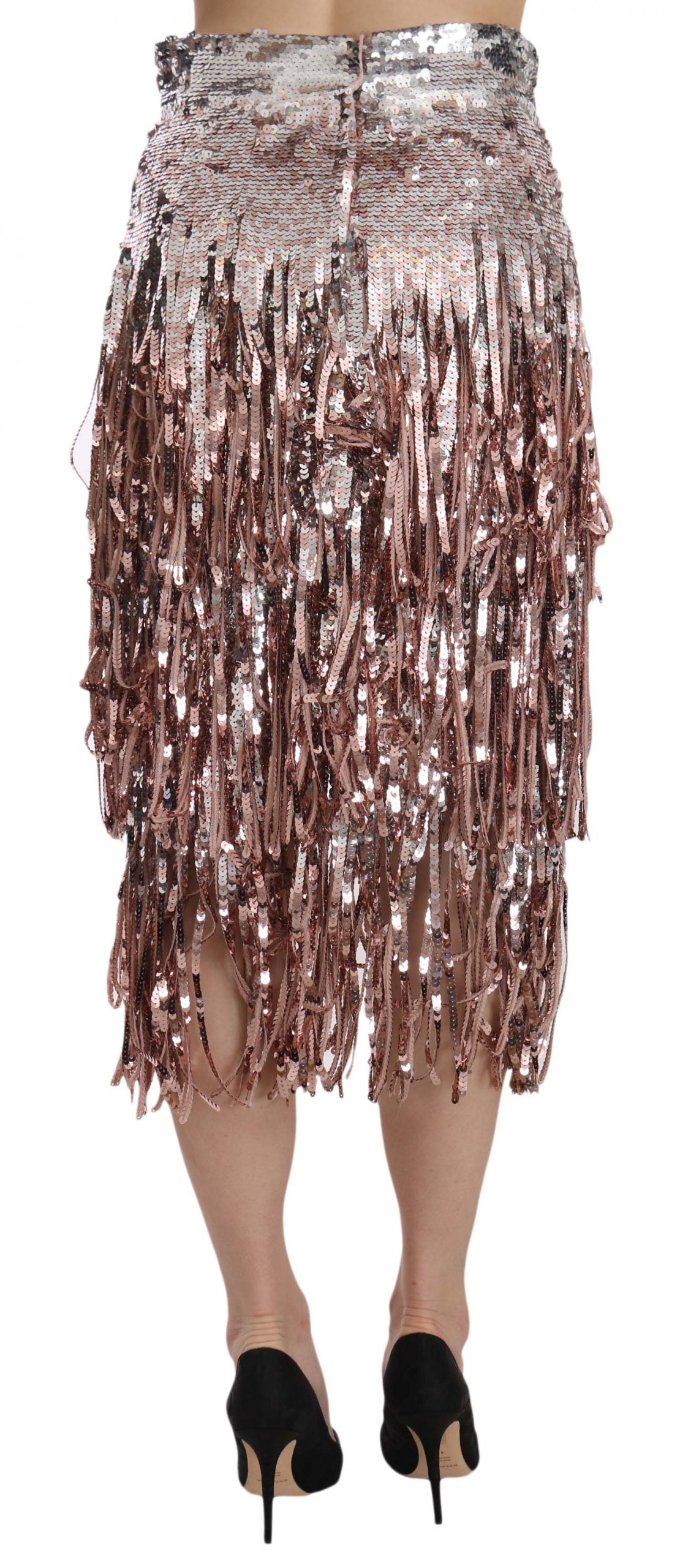 Dolce & Gabbana Silver Pink Sequin Embellished Fringe Pencil Skirt