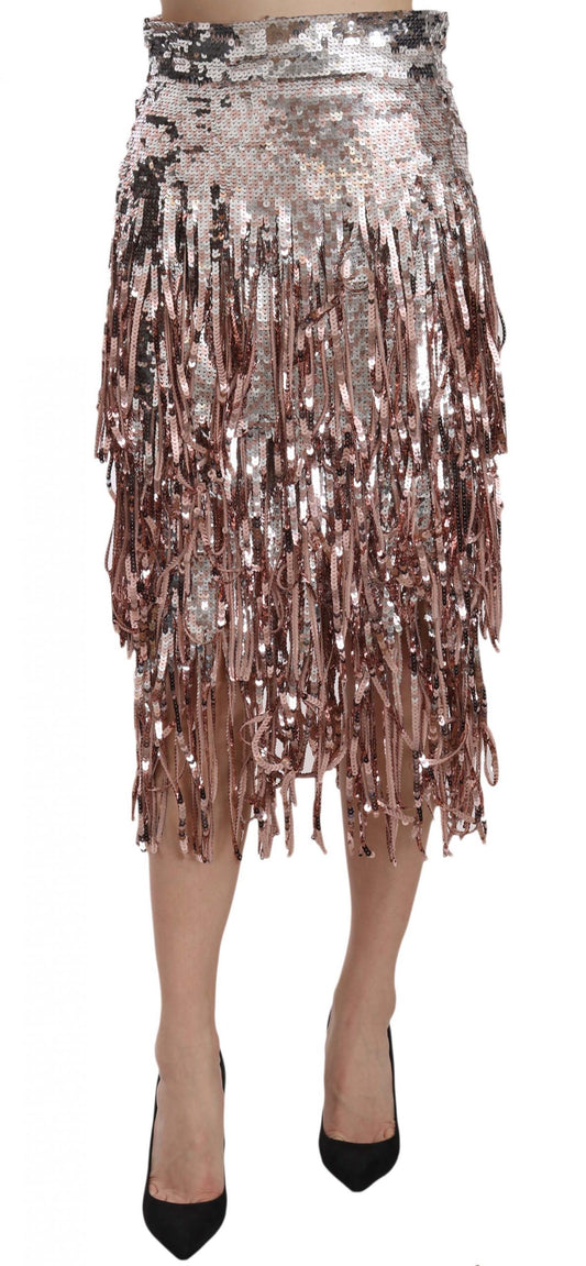 Dolce & Gabbana Silver Pink Sequin Embellished Fringe Pencil Skirt